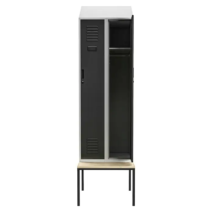 Jan Nowak Spind Kacper II Pro - H x B x T: 229,5 x 60 x 85 cm, Anzahl Türen: 2 Stk. - Doppelschrankgarderobe aus Metall mit einer offenen und einer geschlossenen Tür.