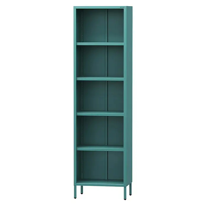 Jan Nowak Bücherregal Mario - B x T x H: 50 x 35 x 180 cm, Meeresgrün - Ein schmaler, türkisfarbener Stahlschrank mit fünf Regalfächern bietet viel Stauraum für Bücher, Akten oder andere Gegenstände.