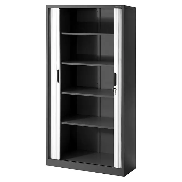 Jan Nowak Aktenschrank Damian - B x T x H: 90 x 45 x 185 cm, Anthrazit/Weiß - Grauer Büroschrank von Jan Nowak mit Rolltüren und stabilen Regalböden zur Aufbewahrung von Büromaterialien.