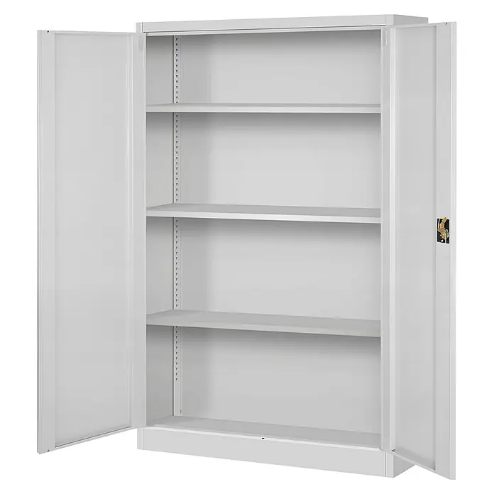 Jan Nowak Aktenschrank Kevin - B x T x H: 90 x 40 x 140 cm, Grau - Ein offener, grauer Metallschrank mit drei Regalböden, ideal zur Aufbewahrung von Bürobedarf und Dokumenten.