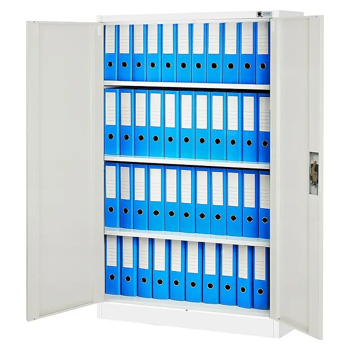 Jan Nowak Aktenschrank Kevin - B x T x H: 90 x 40 x 140 cm, Weiß/Sonoma eiche - Ein offener, weißer Aktenschrank mit mehreren Regalen voller blauer Aktenordner mit weißen Etiketten.