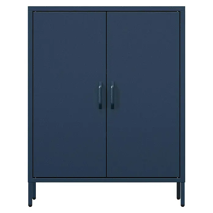 Jan Nowak Kommode Vito - B x T x H: 80 x 40 x 101,5 cm, Dunkelblau - Abbildung eines blauen Metallschranks mit zwei Türen und Griffen. Der Schrank steht auf einem schwarzen Hintergrund.