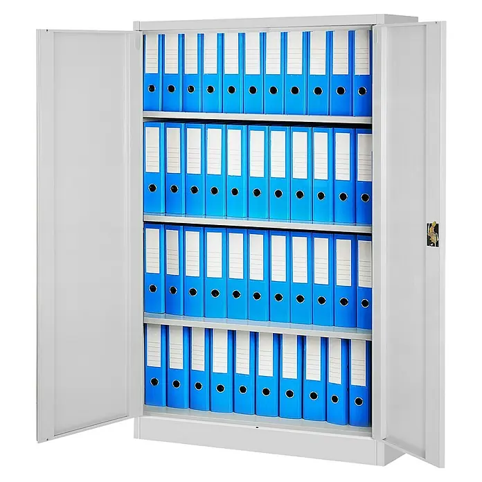 Jan Nowak Aktenschrank Kevin - B x T x H: 90 x 40 x 140 cm, Grau - Der Stahlschrank mit seinen offenen Türen ist voll mit blauen Aktenordnern auf den Regalen.