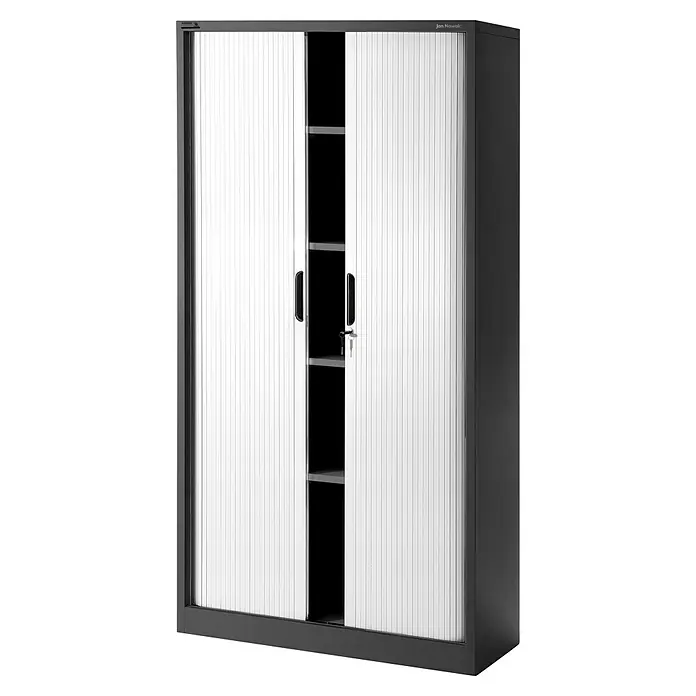 Jan Nowak Aktenschrank Damian - B x T x H: 90 x 45 x 185 cm, Anthrazit/Weiß - Bild eines grauen Büroschranks mit weißen Rolltüren und Ablagefächern im Inneren.