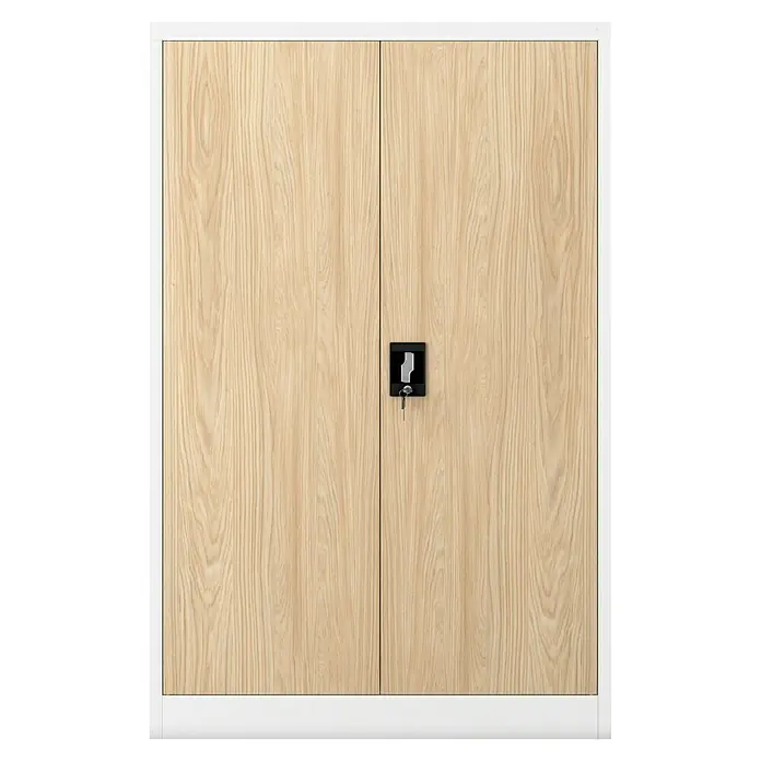 Jan Nowak Aktenschrank Kevin - B x T x H: 90 x 40 x 140 cm, Weiß/Sonoma eiche - Ein Büroschrank mit zwei Türen in Holzoptik und einem schwarzen Griff mit Schlüssel. Ideal zur Aufbewahrung von Dokumenten und Büromaterialien.
