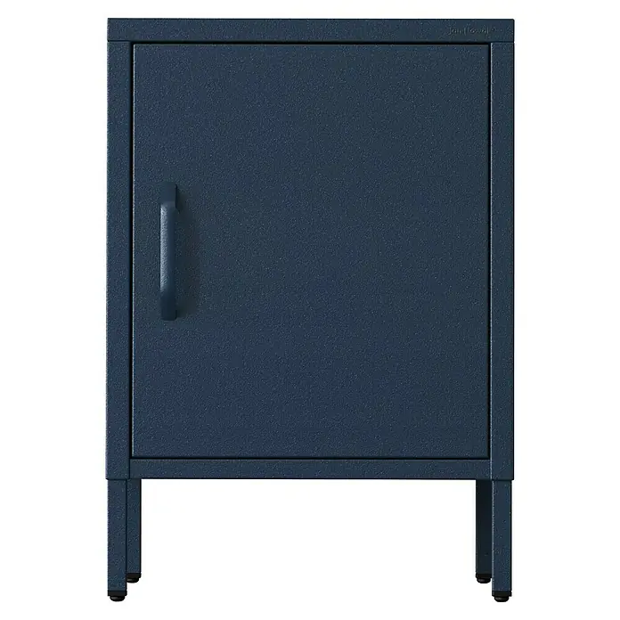 Jan Nowak Nachttisch Mia - L x B x H: 40 x 42,4 x 59,5 cm, Dunkelblau - Aufnahme eines blauen Metallschranks mit einer Griffstange auf der linken Seite der Tür, perfekt für Büro oder Werkstatt.
