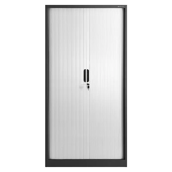 Jan Nowak Aktenschrank Damian - B x T x H: 90 x 45 x 185 cm, Anthrazit/Weiß - Das Bild zeigt einen modernen Büroschrank aus Stahl mit Rolltüren, ideal für die Aufbewahrung von Dokumenten und Bürobedarf.