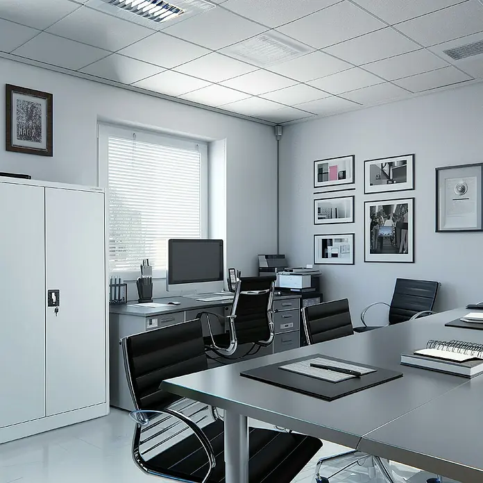 Jan Nowak Aktenschrank Kevin - B x T x H: 90 x 40 x 140 cm, Grau - Ein helles Büro mit einem großen Konferenztisch, schwarzen Bürostühlen und einem weißen Aktenschrank. Ideal für Besprechungen und Büroarbeiten.