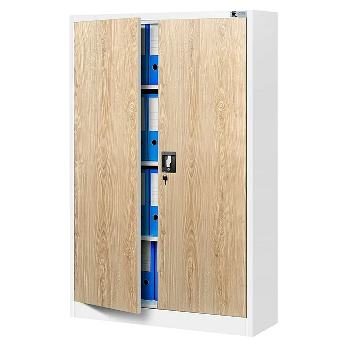Jan Nowak Aktenschrank Kevin - B x T x H: 90 x 40 x 140 cm, Weiß/Sonoma eiche - Büroschrank mit Holztüren und Schlüsselschloss. Der robuste Aktenschrank bietet viel Stauraum für Ordner und Büromaterial.