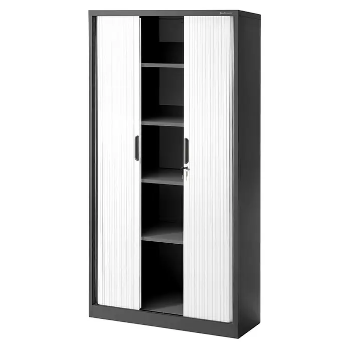 Jan Nowak Aktenschrank Damian - B x T x H: 90 x 45 x 185 cm, Anthrazit/Weiß - Ein grauer Büroschrank mit Rollladentüren und mehreren Regalen, ideal für die Organisation von Büromaterialien und Dokumenten.