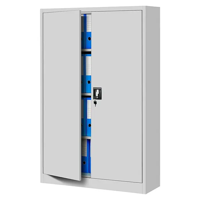 Jan Nowak Aktenschrank Kevin - B x T x H: 90 x 40 x 140 cm, Grau - Grauer Aktenschrank mit zwei Türen, von denen eine geöffnet ist und blaue Ordner im Inneren zeigt.\n