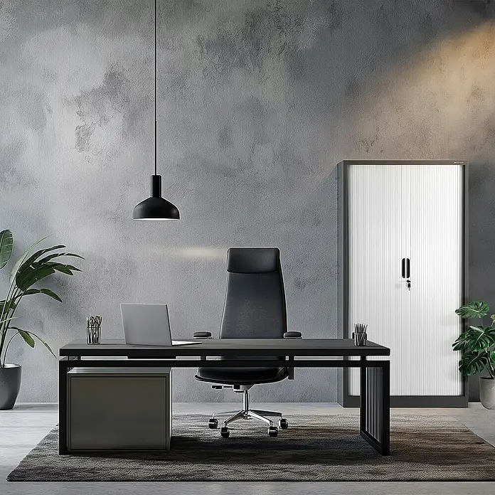 Jan Nowak Aktenschrank Damian - B x T x H: 90 x 45 x 185 cm, Anthrazit/Weiß - Elegantes Büro mit modernem Büroschreibtisch, Bürostuhl und Aktenschrank vor einer stilvollen grauen Wand.