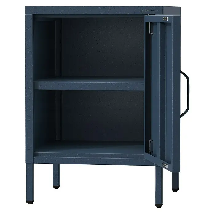 Jan Nowak Nachttisch Mia - L x B x H: 40 x 42,4 x 59,5 cm, Dunkelblau - Ein offener blauer Jan Nowak Metallschrank mit zwei Regalen. Ideal für Büro und Werkstatt, robust und langlebig.