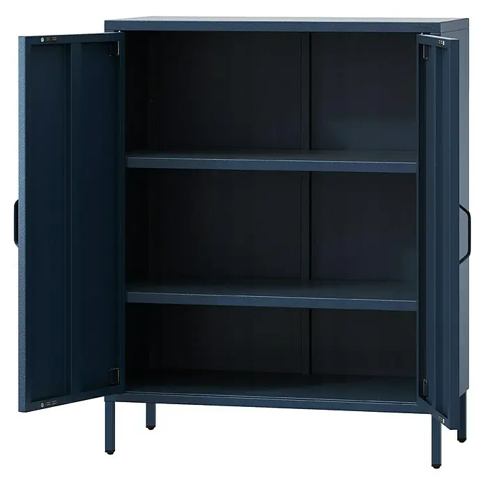 Jan Nowak Kommode Vito - B x T x H: 80 x 40 x 101,5 cm, Dunkelblau - Blauer Metallschrank mit offenen Türen und drei Einlegeböden, ideal zur Aufbewahrung im Büro oder zu Hause.