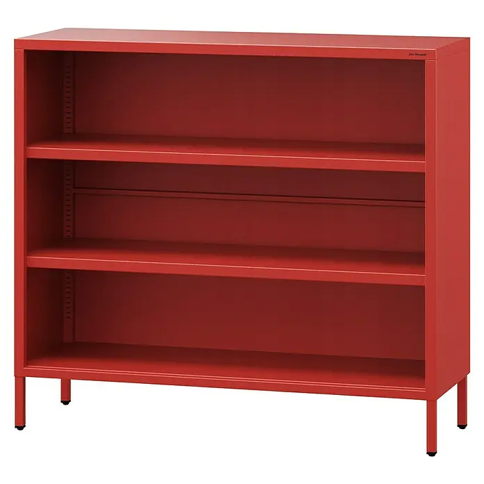 Jan Nowak Bücherregal Luca - B x T x H: 100 x 35 x 90 cm, Rot - Ein rotes Jan Nowak-Bücherschrank mit drei offenen Regalen für Büro oder Arbeitszimmer. Stabiles Metallmöbel für Akten und Ordner.