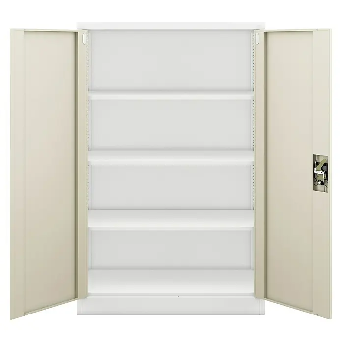 Jan Nowak Aktenschrank Kevin - B x T x H: 90 x 40 x 140 cm, Weiß/Sonoma eiche - Bild eines offenen, beigefarbenen Stahlschranks mit mehreren Regalböden.