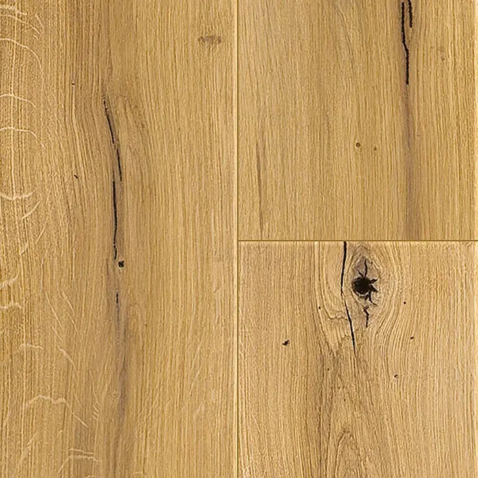 Parkett - Eiche Vintage natur geölt, Landhausdiele, 1.092 x 155 x 14 mm - Nahaufnahme von Eichenparkett, das die natürliche Holzstruktur und Astlöcher hervorhebt. Ideal für rustikale und warme Innenräume.