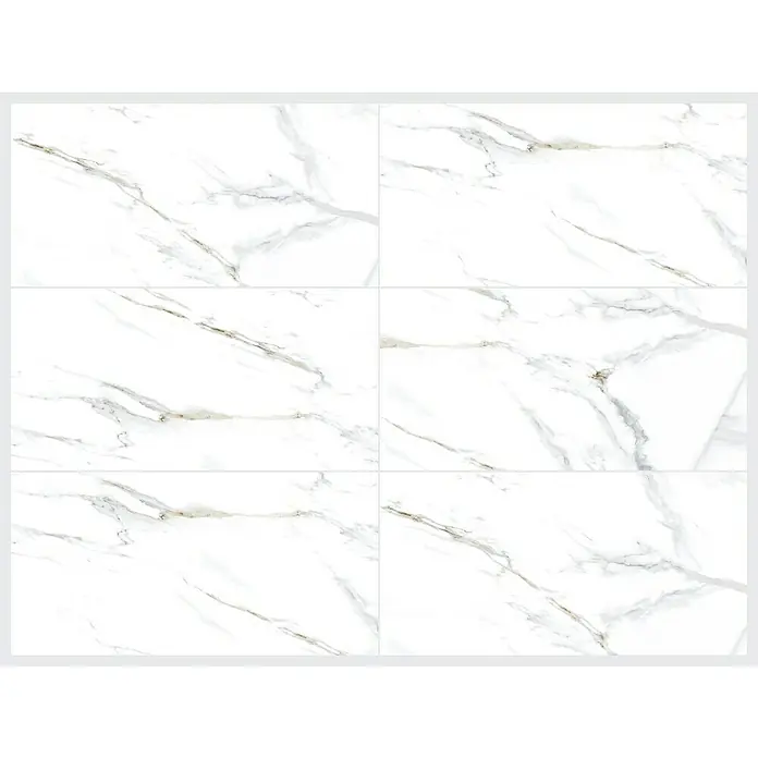 Feinsteinzeugfliese Calacatta - 60 x 120 cm, Weiß/Gold, Glänzend - Das Bild zeigt eine Nahaufnahme von sechs weißen Marmorfliesen mit grauen und goldenen Adern, die ein elegantes und luxuriöses Gefühl vermitteln.