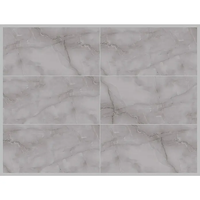 Feinsteinzeugfliese Royal Onyx - 60 x 120 cm, Dark Grey, Glänzend - Sechs stilvolle Marmorfliesen mit sanften, grauen Maserungen, die eine elegante und moderne Ästhetik bieten.