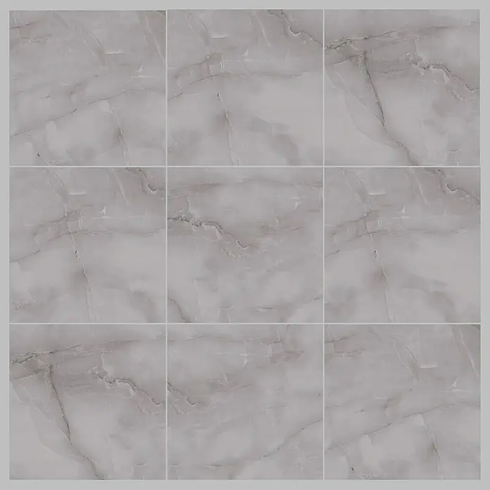 Feinsteinzeugfliese Royal Onyx - 60 x 60 cm, Grau, Glänzend - Graue Marmorfliesen mit feinen Maserungen und einer glatten Oberfläche, ideal für moderne Innenräume und stilvolle Akzente.