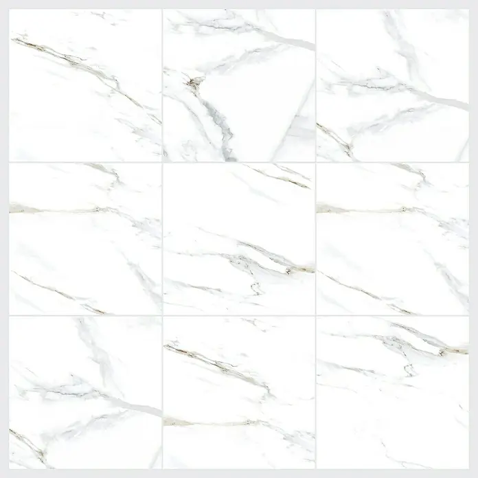Feinsteinzeugfliese Calacatta - 60 x 60 cm, Weiß/Gold, Glänzend - Neun weiße Marmorfliesen mit subtilen grauen und goldenen Adern, die ein elegantes und modernes Muster bilden. Perfekt für stilvolle Innenräume.