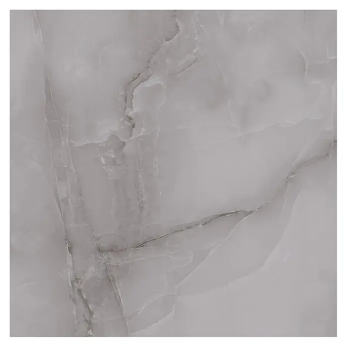 Feinsteinzeugfliese Royal Onyx - 60 x 60 cm, Grau, Glänzend - Nahaufnahme einer hellgrauen Keramikfliese mit Marmorierung, ideal für moderne Innenräume und stilvolle Bodenbeläge.