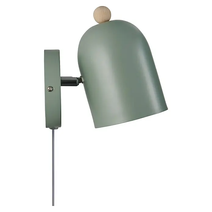 Nordlux Aplique de pared Gaston - 15 W, An x Pr x Al: 11,5 x 19,5 x 19,5 cm, Vered, E27 - Primer plano de una lámpara de pared verde con detalles de madera, que muestra un diseño moderno y minimalista. Ideal para acentos elegantes.