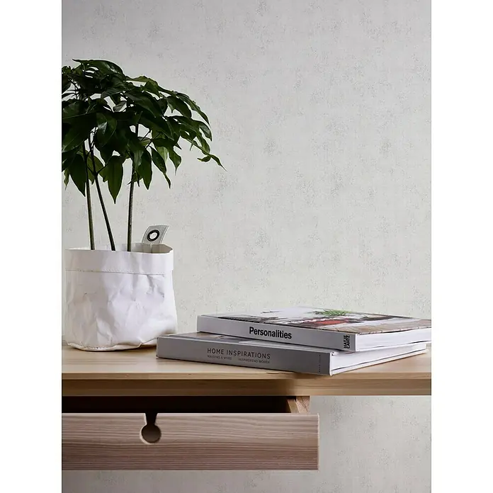 A.S. Création Neue Bude 2.0 ED II Vliestapete I - Grau, Uni, 10,05 x 0,53 m - Ein Arrangement aus einem Topf mit Grünpflanzen, Büchern und einem Nachttisch mit Schublade für eine elegante, minimalistische Atmosphäre.