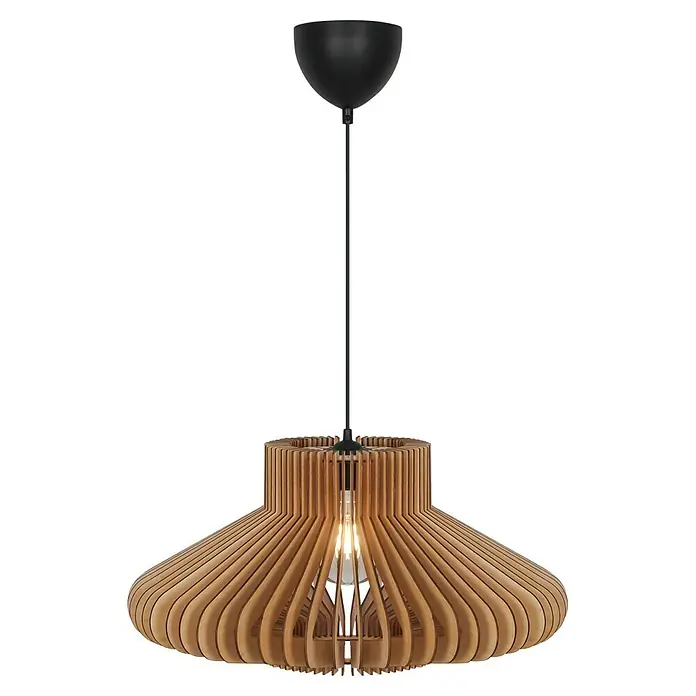 Nordlux Lámpara colgante Manago - 40 W, L x An x Al: 50 x 50 x 25 cm, Marrón, E27 - Elegante lámpara colgante con una pantalla de láminas de madera y una suspensión negra, creando una iluminación cálida.