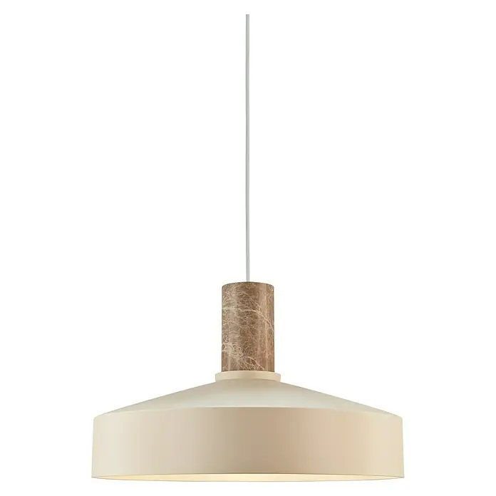 Nordlux Lámpara colgante Elvas - 40 W, L x An x Al: 37,5 x 37,5 x 13 cm, Beige, E27 - Un primer plano de una lámpara colgante moderna con una pantalla color crema y una característica cilíndrica con estampado de mármol.
