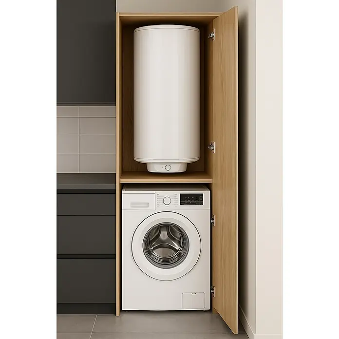 Bosch Termo eléctrico Tronic TR2100 TR - 80 l, 1.600 W, Montaje en la pared - Lavadora y calentador de agua empotrados en un armario de madera en una cocina moderna.