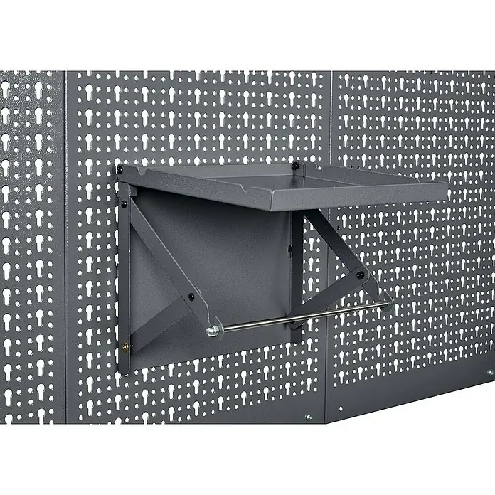Küpper Papierrollenhalter - L x B x H: 23 x 27 x 22 cm - Graues Werkstattregal an einer Lochwand montiert. Das Regal ist zusammenklappbar und spart Platz.