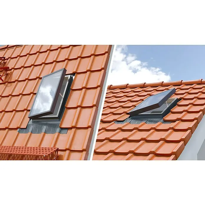 Dachausstieg - 45 x 55 cm, Farbton außen: RAL 7043, Mit Öffnungsbegrenzer - Nahaufnahme von zwei Dachfenstern auf einem Ziegeldach, die natürliches Licht und Belüftung in den Raum bringen.