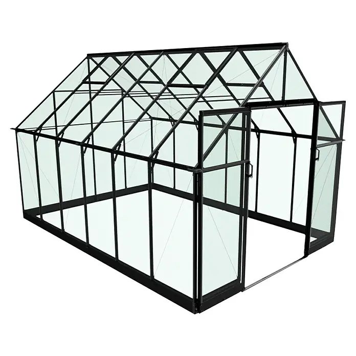 Halls Gewächshaus Qube 812 - Außenmaß inkl. Dachüberstand (B x T): 261 x 385 cm, 3 mm, Schwarz - Gewächshaus mit schwarzem Rahmen und durchsichtigen Glasscheiben. Das Gewächshaus verfügt über eine Tür und ist ideal für den Garten.