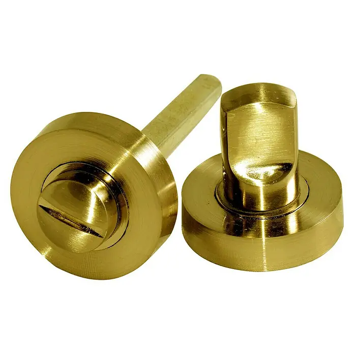 Micel Condena 170 - Diámetro exterior: 35 mm, Aluminio, Latón - Primer plano de dos cerrojos dorados para inodoro con ranura para tornillos, ideales para baños y aseos.