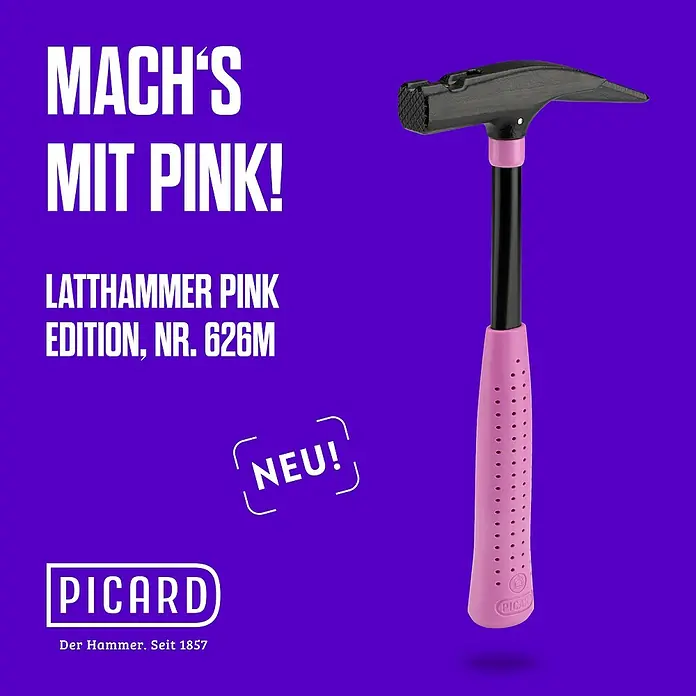 Picard Zimmermannshammer - Gewicht Kopf: 600 g, Pink - Produktbild: Ein pinkfarbener Latthammer Pink Edition von Picard, ein auffälliges Werkzeug für den Handwerker.