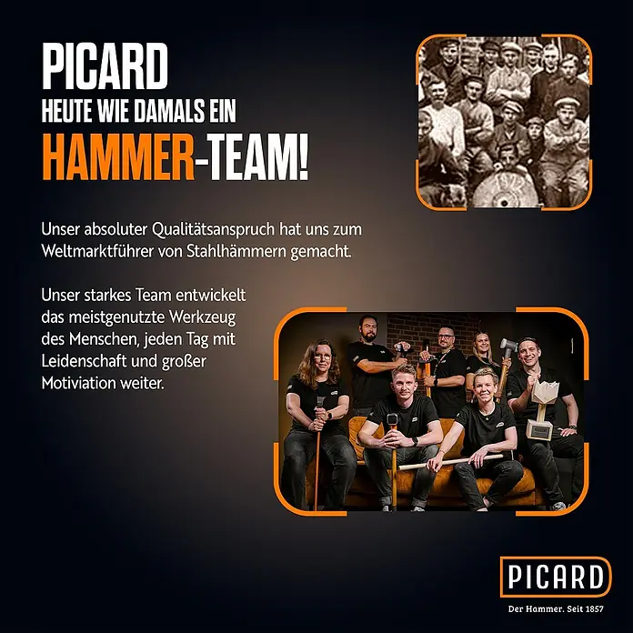 Picard Zimmermannshammer - Gewicht Kopf: 600 g, Pink - PICARD-Anzeige, die das Team und die Tradition des Unternehmens hervorhebt.
