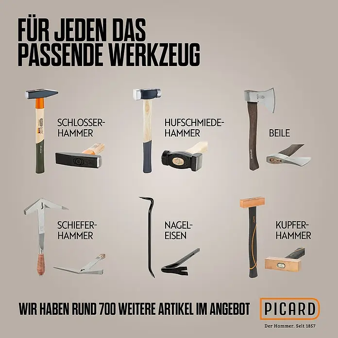 Picard Zimmermannshammer - Gewicht Kopf: 600 g, Braun - Werkzeugauswahl von Picard: Schlosser-, Hufschmiede-, Schiefer- und Kupferhammer, Beile und Nageleisen.