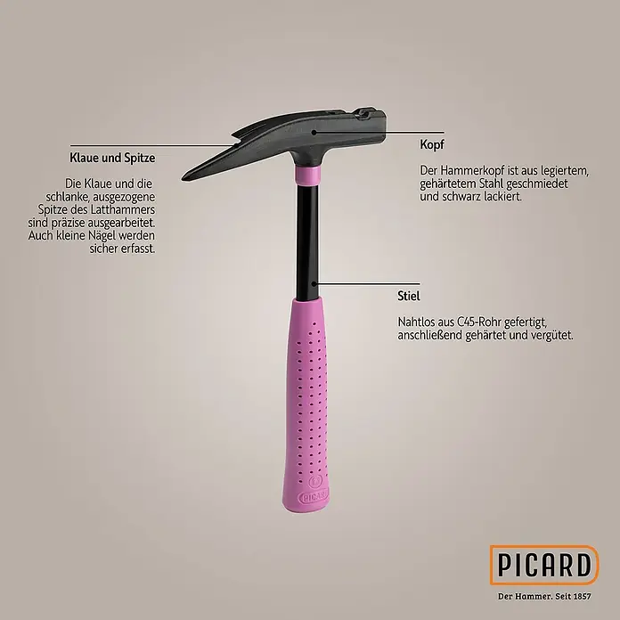 Picard Zimmermannshammer - Gewicht Kopf: 600 g, Pink - Bild eines Latthammer der Marke Picard mit einem schwarzen Kopf und einem pinkfarbenen Griff.