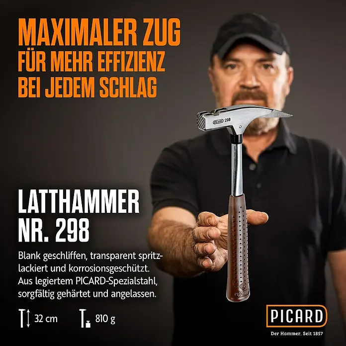 Picard Zimmermannshammer - Gewicht Kopf: 600 g, Braun - Bild eines Latthammers Nr. 298 von Picard, hervorgehoben durch den Text "Maximaler Zug für mehr Effizienz bei jedem Schlag".