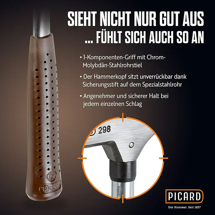 Picard Zimmermannshammer - Gewicht Kopf: 600 g, Braun - Nahaufnahme eines Picard-Hammers, der einen ergonomischen Griff und einen robusten Kopf für präzise Schläge zeigt.