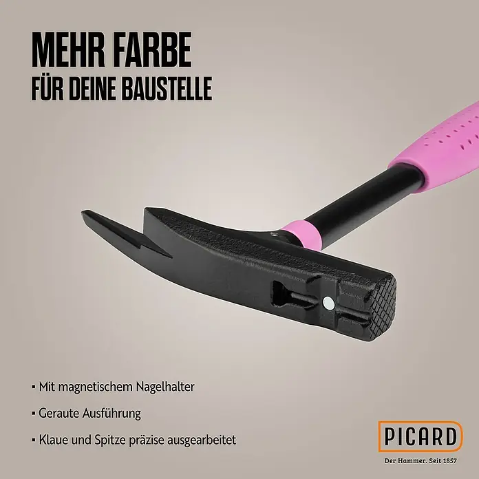 Picard Zimmermannshammer - Gewicht Kopf: 600 g, Pink - Nahaufnahme eines schwarzen Picard-Hammers mit pinkfarbenem Griff und magnetischem Nagelhalter.