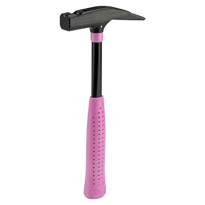 Picard Zimmermannshammer - Gewicht Kopf: 600 g, Pink - Abgebildet ist ein Zimmermannshammer mit einem Kopf aus schwarzem Stahl und einem rosafarbenen Griff mit Löchern zur besseren Griffigkeit.