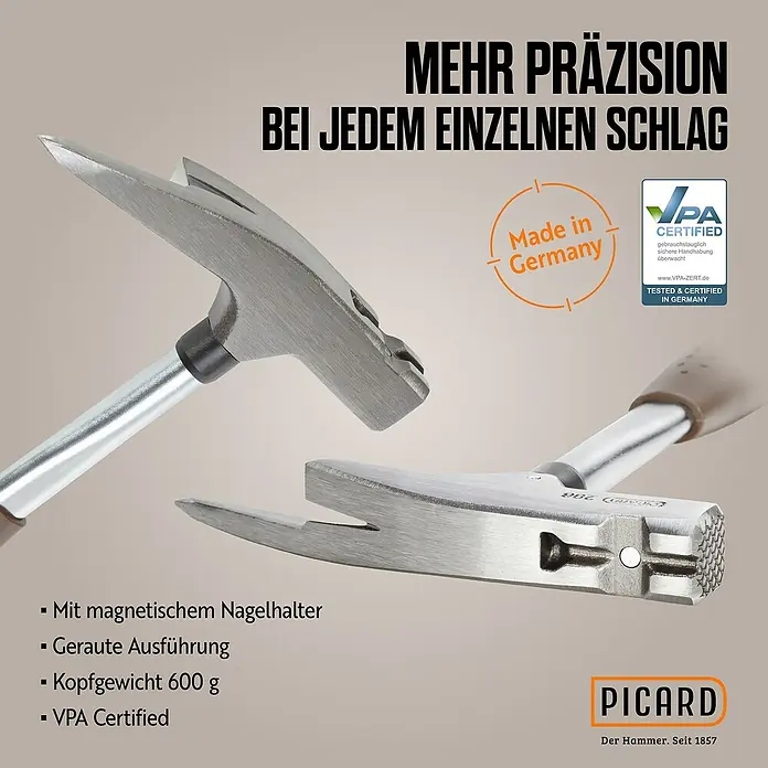 Picard Zimmermannshammer - Gewicht Kopf: 600 g, Braun - Nahaufnahme von Picard-Hämmern, die Präzision und deutsche Qualität für jeden Schlag bieten.