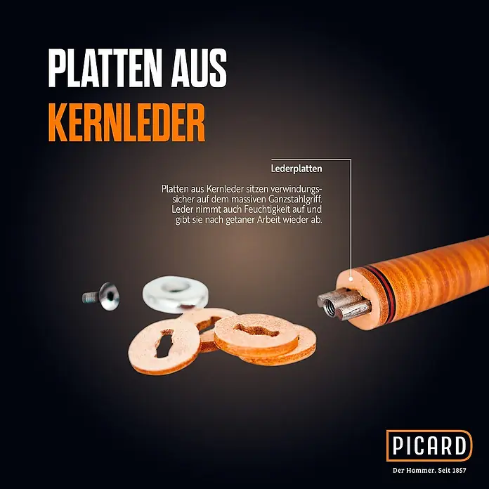 Picard Zimmermannshammer Nr. 790 1/2 - Gewicht Kopf: 600 g, Material Griff: Leder - Nahaufnahme der Lederplatten für einen Picard-Hammer, die für einen verdrehsicheren Sitz auf dem Stahlgriff sorgen.