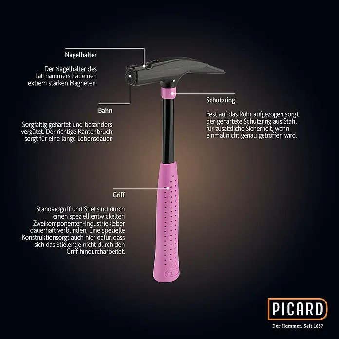 Picard Zimmermannshammer - Gewicht Kopf: 600 g, Pink - Abbildung eines Picard Latthammers mit magnetischem Nagelhalter, gehärteter Bahn, Schutzring und ergonomischem Griff für Handwerker.