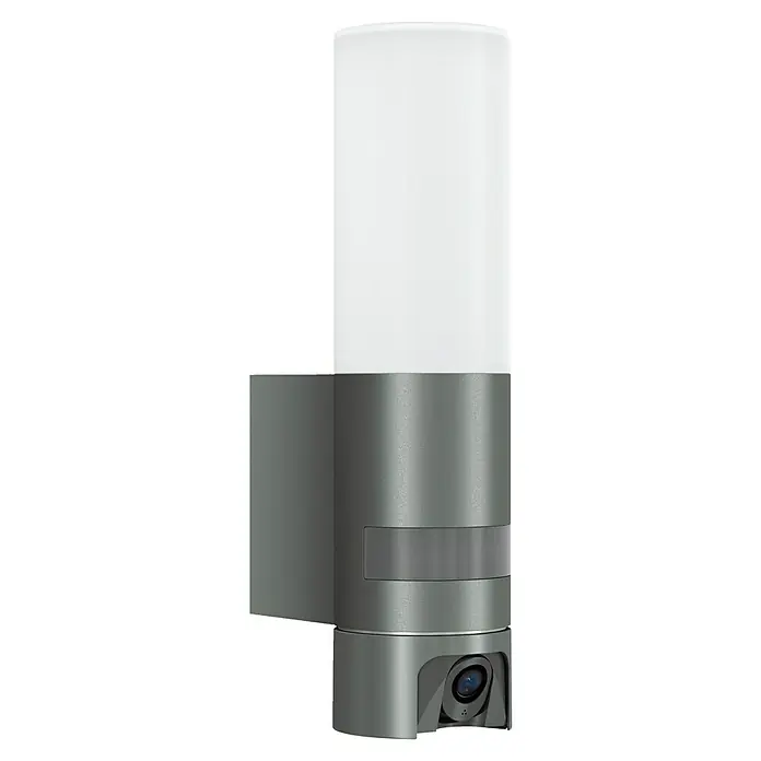 Steinel LED-Sensor-Außenwandleuchte L 625 CAM SC - 14 W, L x B x H: 13,1 x 7,8 x 30,5 cm, Anthrazit/Weiß, Warmweiß - Bild einer modernen Außenlampe mit integrierter Überwachungskamera, ideal für die Sicherheit rund ums Haus.