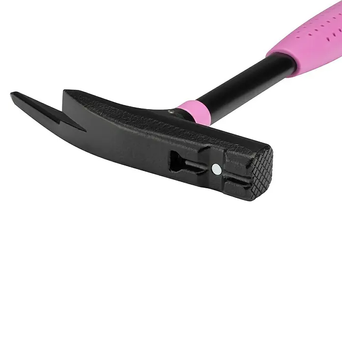 Picard Zimmermannshammer - Gewicht Kopf: 600 g, Pink - Nahaufnahme eines schwarzen Tackerhammers mit pinkfarbenem Griff, der sich ideal zum Befestigen von Stoffen und Materialien eignet.