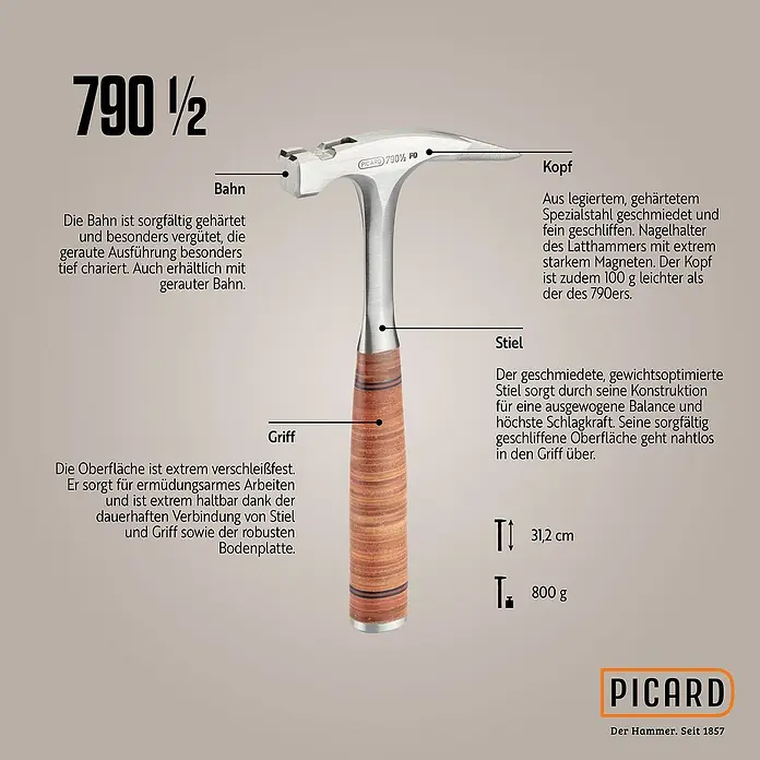 Picard Zimmermannshammer Nr. 790 1/2 - Gewicht Kopf: 600 g, Material Griff: Leder - Bild eines Picard 790 ½ Hammers, der aus legiertem Spezialstahl geschmiedet ist und einen ergonomischen Griff für präzise Arbeiten bietet.