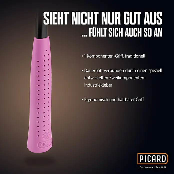 Picard Zimmermannshammer - Gewicht Kopf: 600 g, Pink - Abbildung eines pinkfarbenen Picard-Hammers mit ergonomischem und haltbarem Griff.